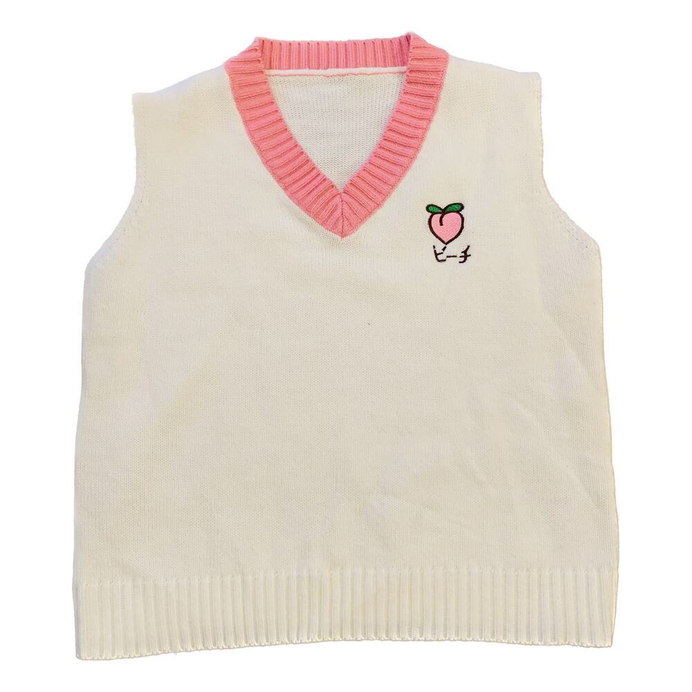 Kawaii Japanese School Uniform Sweater Vest Peach Embroidered V-Neck White M